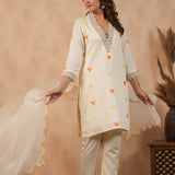 Off White Russian Silk Embroidered Kurti Set
