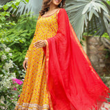 Corn Yellow French Crepe Printed Anarkali Set