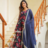 Dark Night Blue Organza Floral Sharara Set