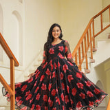 Night Black Chiffon Floral Printed Anarkali Set