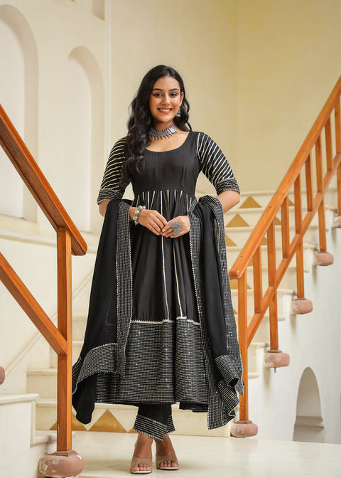 <img> Black Cotton Silk Gota Work Anarkali Set
