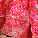 Bright Pink Brocade Silk Bandhani Printed Lehenga Set