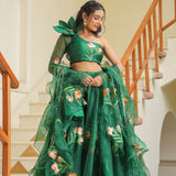 Emerald Green Organza Floral Lehenga Set