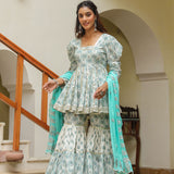 Fountain Blue Cotton Printed Gharara Set
