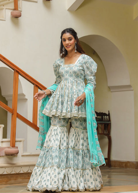 <img> Fountain Blue Cotton Printed Gharara Set