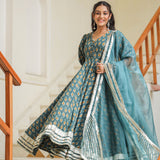 Teal Blue Cotton Printed Anarkali Set