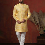 Light Yellow Cotton Blend Printed Sherwani Set
