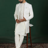White Cotton Blend Solid Sherwani Set