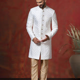 White Cotton Blend Embroidered Sherwani Set