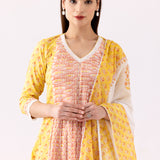 Block Print Cotton Yellow Anarkali With Palazzo Set