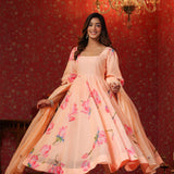 Peach Chanderi Floral Printed Anarkali Set