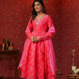 Bright Pink Chanderi Bandhani Printed Anarkali Set