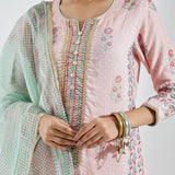 Light Pink Cotton Silk Ethnic Suit Set With Subtle Floral Design