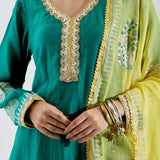 Dark Green Anarkali Set With Gold Lace Work