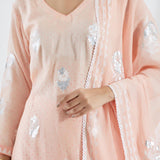 Printed Peach Kurti Set With Silver Floral Design