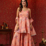 Salmon Pink Organza Floral Sharara Set