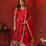 Deep Scarlet Red Organza Printed Anarkali Set