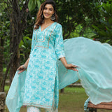 Ice Blue Cotton Floral Printed Kurti Set