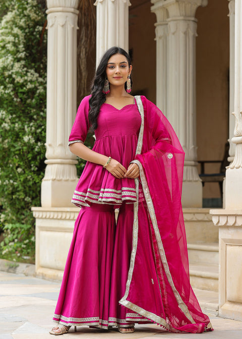 <img> Solid Dark Pink Cotton Silk Sharara Set