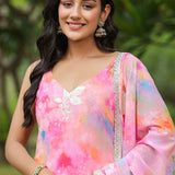 Multicolour Pink Georgette Floral Embroidered Kurti Set