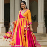 Pink And Yellow Cotton Silk Solid Anarkali Set