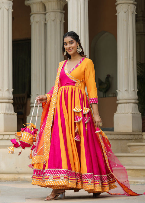 <img> Pink And Yellow Cotton Silk Solid Anarkali Set