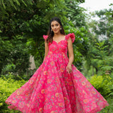 French Rose Pink Organza Floral Printed Gown