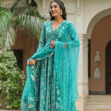 Teal Blue Cotton Floral Printed Anarkali Set