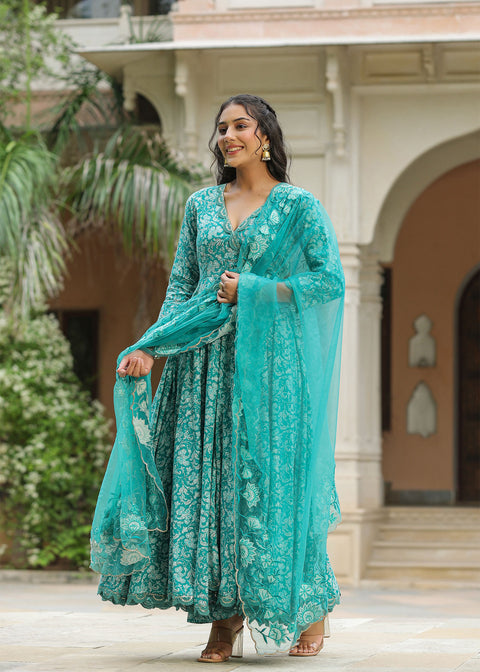 <img> Teal Blue Cotton Floral Printed Anarkali Set