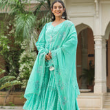Mint Blue Silk Bandhani Printed Anarkali Set