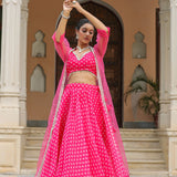 Bright Pink Organza Bandhani Printed Lehenga Set