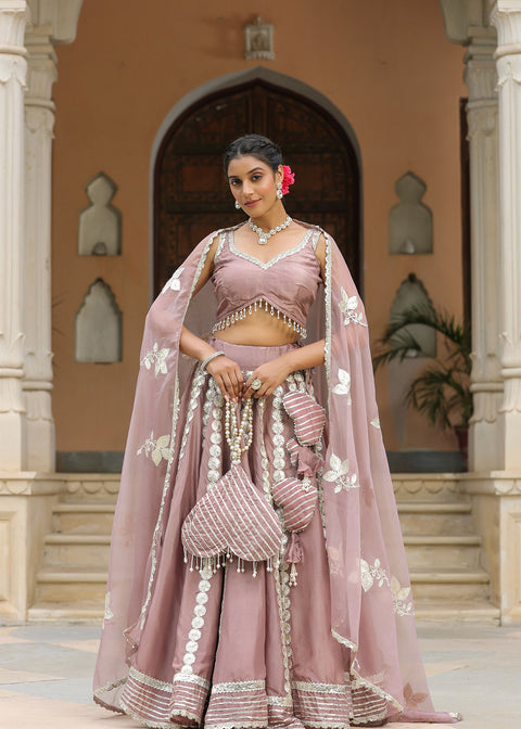 <img> Dusty Pink Crepe Gota Work Lehenga Set
