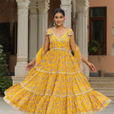Saffron Yellow Cotton Floral Printed Anarkali Set