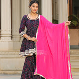 Mulberry Blue Cotton Bandhani Printed Sharara Set