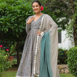 Granny Grey Cotton Floral Printed Anarkali Set