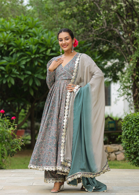 <img> Granny Grey Cotton Floral Printed Anarkali Set
