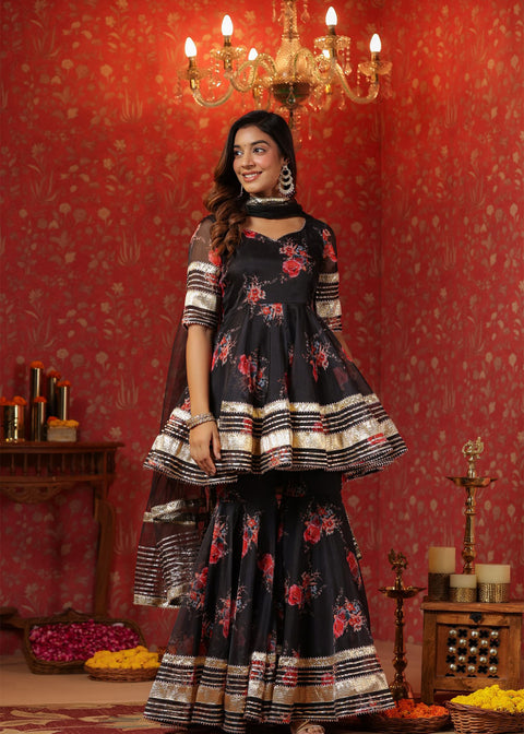 <img> Black Organza Floral Printed Gharara Set
