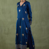 Dark Blue Floral Foil Print Straight Kurta Set