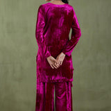 Dark Pink Velvet Short Kurta And Sharara With Shawl Set