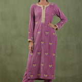 Embroidered Lilac Straight Kurta And Pant With Banarashi Strip Dupatta