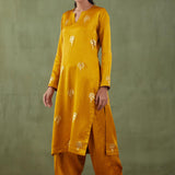 Mustard Foil Printed Mashru Silk Straight Kurta And Salwar With Velvet Shawl Set