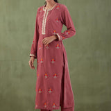 Embroidered Rose Pink Straight Kurta And Pant With Banarasi Strip Dupatta
