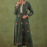 Embroidered Dark Olive Green Straight Kurta And Pant With Banarasi Strip Dupatta