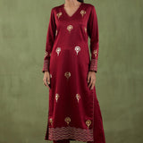 Floral Foil Print Dark Maroon Straight Kurta Set