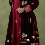 Floral Foil Print Dark Maroon Straight Kurta Set With Velvet Dupatta