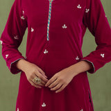 Rani Red Velvet Straight Kurta Set With Dupatta