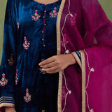Peacock Blue Velvet Straight Kurta Set And Pant With Gotta Dupatta