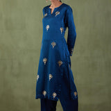 Dark Blue Foil Printed Mashru Silk Straight Kurta And Salwar With Velvet Shawl Set