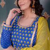 Royal Blue Butti Chandary With Block Print Kurti Set