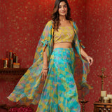 Cerulean Blue Organza Printed Indo-Western Co-Ord Set